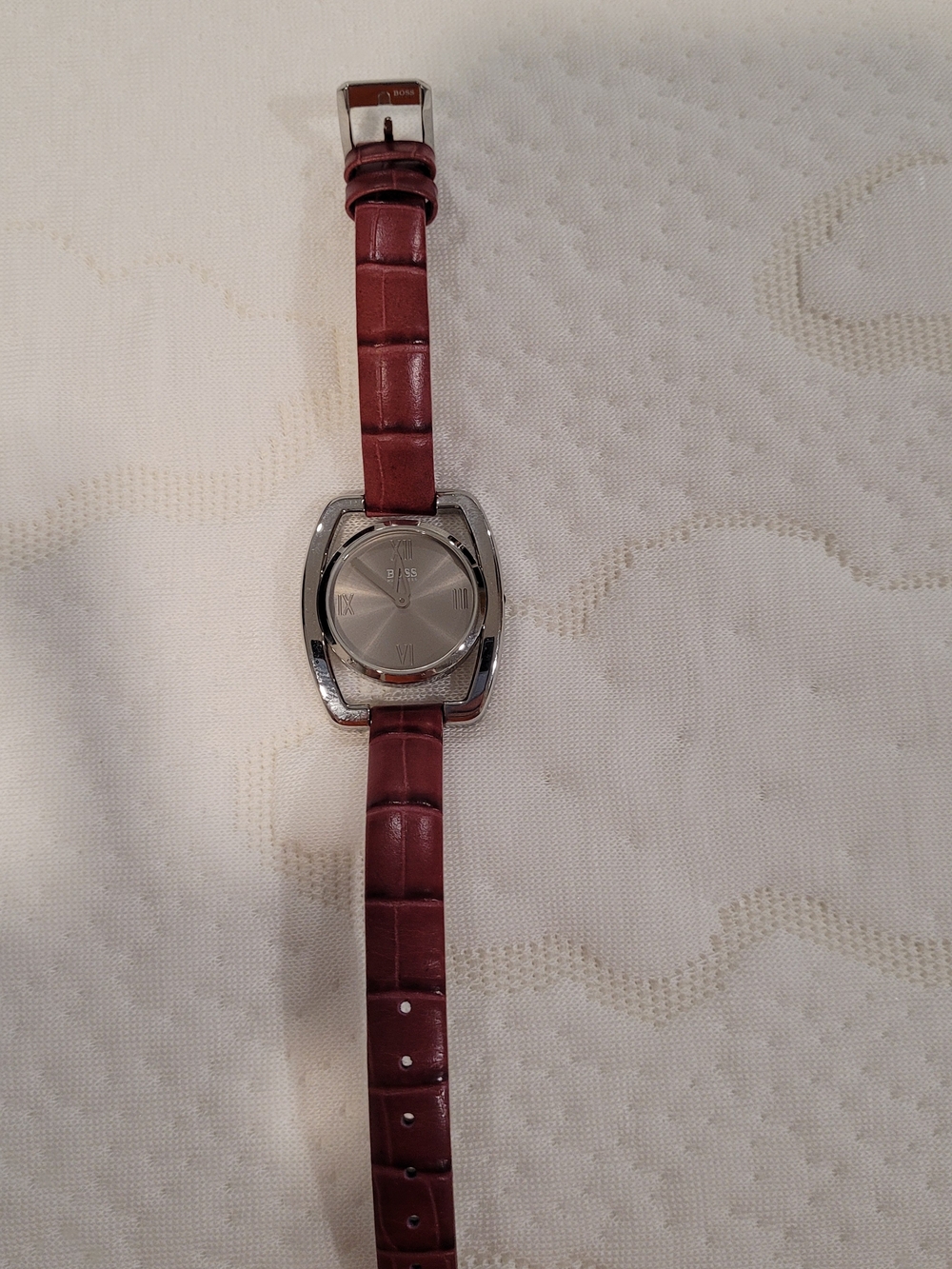 Vintage Hugo Boss Silver Case Watch with Burgundy Leather Strap
